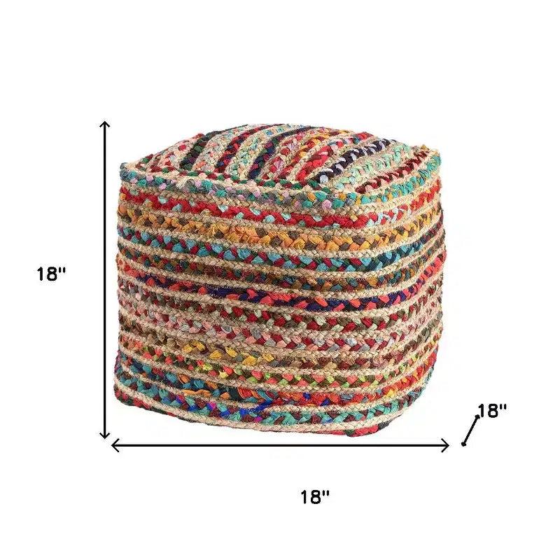 HomeRoots pouf/ottoman a righe in iuta intrecciata naturale e arcobaleno e poliestere da 18 pollici