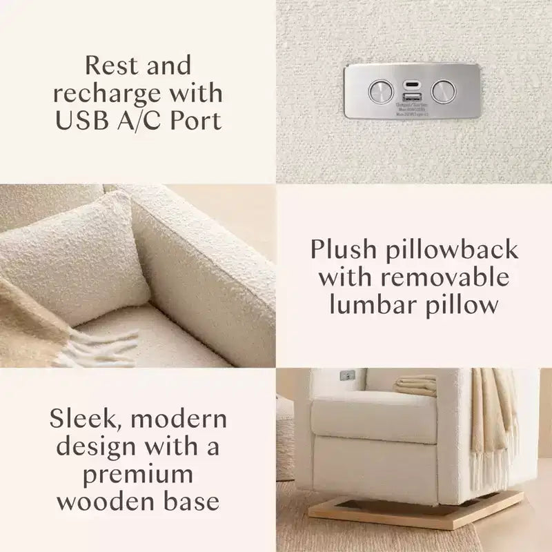 Poltrona reclinabile e a dondolo elettronica Babyletto Sigi con porta USB | Base in legno chiaro
