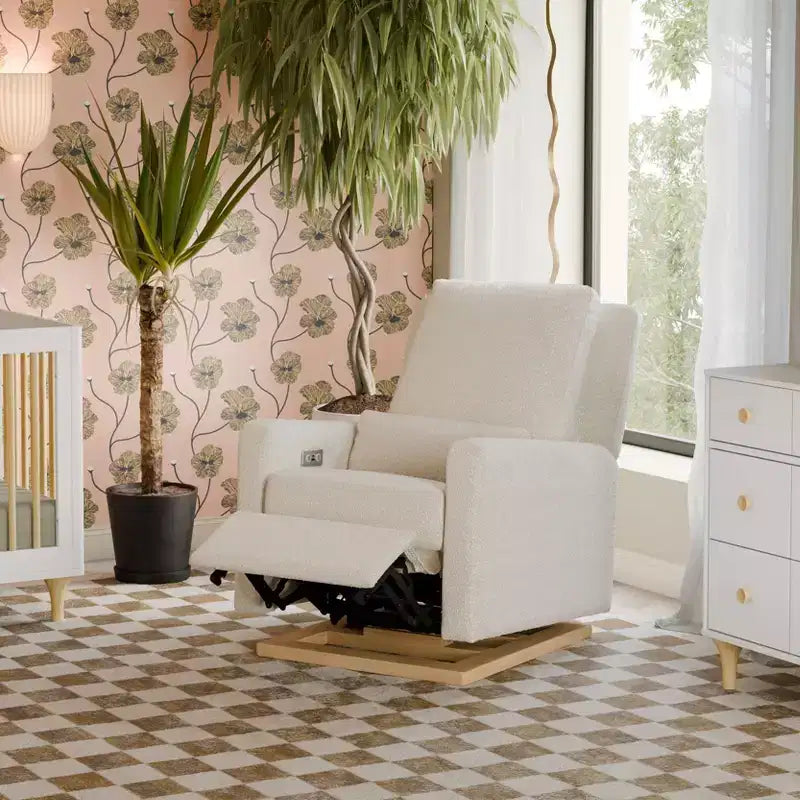 Poltrona reclinabile e a dondolo elettronica Babyletto Sigi con porta USB | Base in legno chiaro