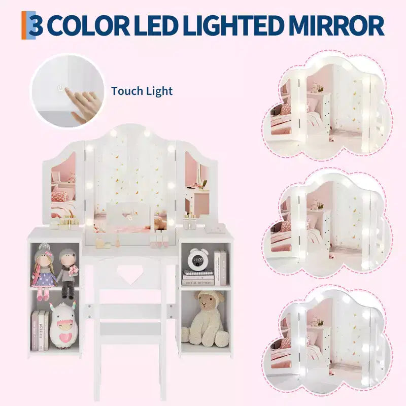 Toeletta da principessa con sedia per bambine, con specchio a tre ante, toletta con luce touch e contenitore e sedia con schienale alto - Regalo per bambine