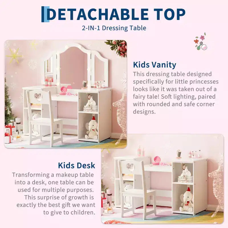 Toeletta da principessa con sedia per bambine, con specchio a tre ante, toletta con luce touch e contenitore e sedia con schienale alto - Regalo per bambine