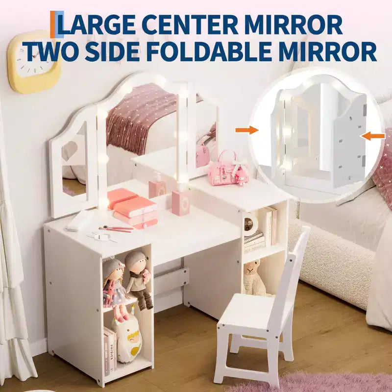 Toeletta da principessa con sedia per bambine, con specchio a tre ante, toletta con luce touch e contenitore e sedia con schienale alto - Regalo per bambine