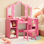 Toeletta da principessa con sedia per bambine, con specchio a tre ante, toletta con luce touch e contenitore e sedia con schienale alto - Regalo per bambine