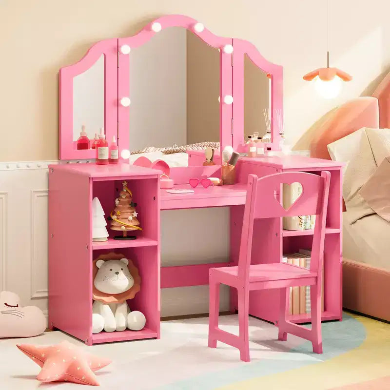 Toeletta da principessa con sedia per bambine, con specchio a tre ante, toletta con luce touch e contenitore e sedia con schienale alto - Regalo per bambine
