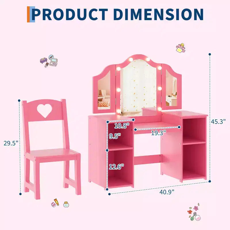 Toeletta da principessa con sedia per bambine, con specchio a tre ante, toletta con luce touch e contenitore e sedia con schienale alto - Regalo per bambine