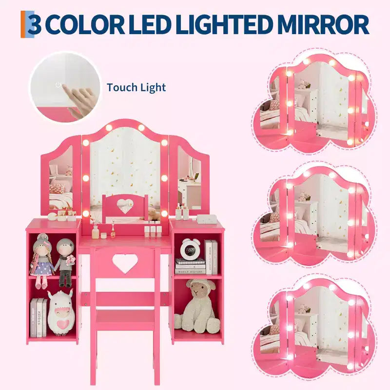Toeletta da principessa con sedia per bambine, con specchio a tre ante, toletta con luce touch e contenitore e sedia con schienale alto - Regalo per bambine