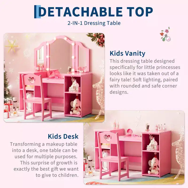 Toeletta da principessa con sedia per bambine, con specchio a tre ante, toletta con luce touch e contenitore e sedia con schienale alto - Regalo per bambine