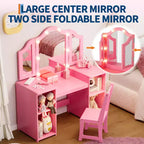Toeletta da principessa con sedia per bambine, con specchio a tre ante, toletta con luce touch e contenitore e sedia con schienale alto - Regalo per bambine