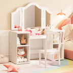 Toeletta da principessa con sedia per bambine, con specchio a tre ante, toletta con luce touch e contenitore e sedia con schienale alto - Regalo per bambine