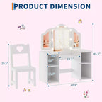 Toeletta da principessa con sedia per bambine, con specchio a tre ante, toletta con luce touch e contenitore e sedia con schienale alto - Regalo per bambine