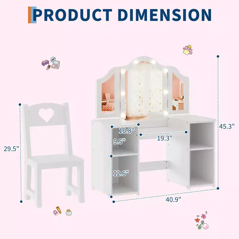 Toeletta da principessa con sedia per bambine, con specchio a tre ante, toletta con luce touch e contenitore e sedia con schienale alto - Regalo per bambine