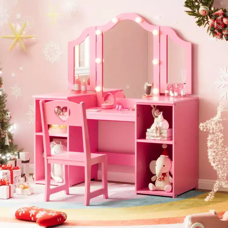 Toeletta da principessa con sedia per bambine, con specchio a tre ante, toletta con luce touch e contenitore e sedia con schienale alto - Regalo per bambine