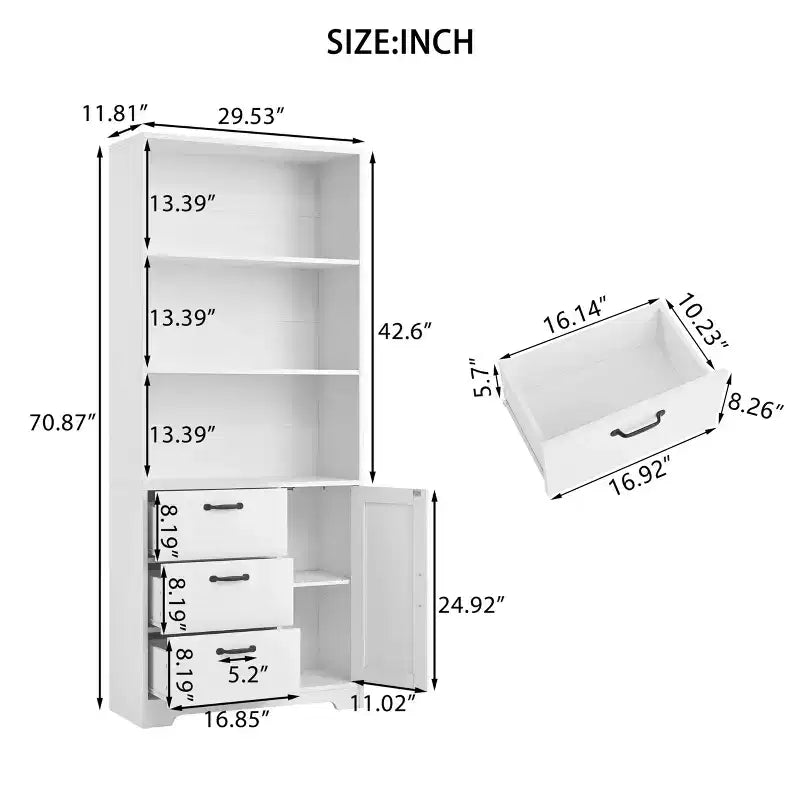 Libreria Alta 180cm con Anta, 3 Cassetti e Ripiani Aperti, Armadio Contenitore in Legno a 6 Livelli per Ufficio, Soggiorno, Camera da Letto
