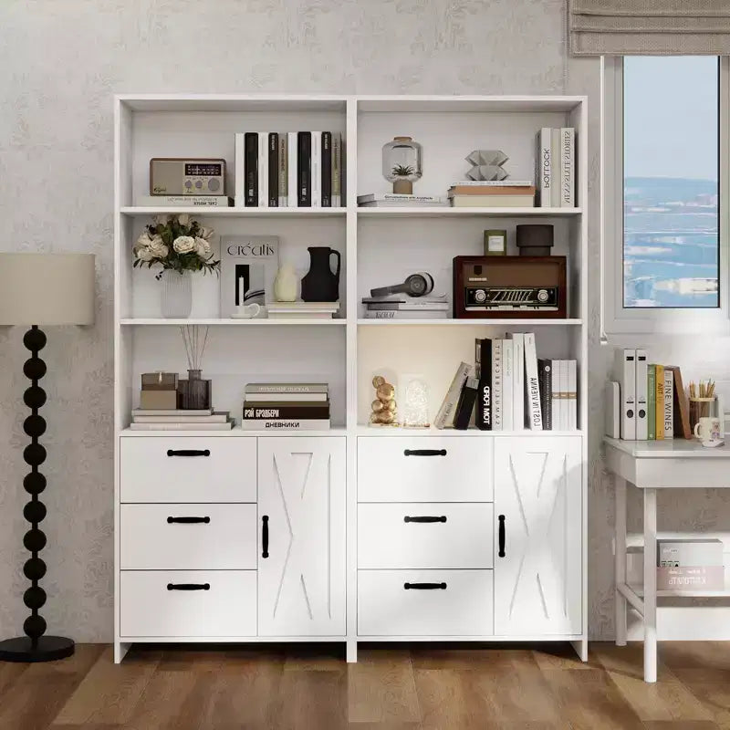 Libreria Alta 180cm con Anta, 3 Cassetti e Ripiani Aperti, Armadio Contenitore in Legno a 6 Livelli per Ufficio, Soggiorno, Camera da Letto