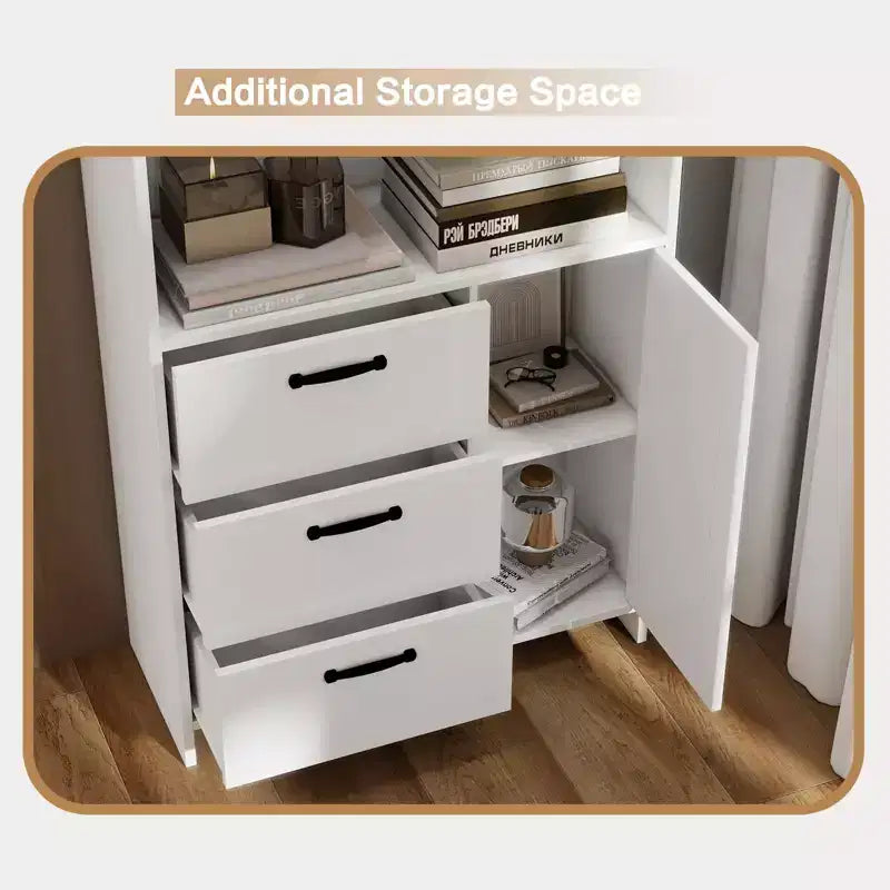 Libreria Alta 180cm con Anta, 3 Cassetti e Ripiani Aperti, Armadio Contenitore in Legno a 6 Livelli per Ufficio, Soggiorno, Camera da Letto