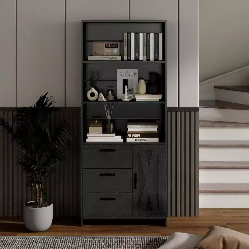 Libreria Alta 180cm con Anta, 3 Cassetti e Ripiani Aperti, Armadio Contenitore in Legno a 6 Livelli per Ufficio, Soggiorno, Camera da Letto