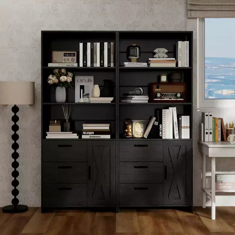 Libreria Alta 180cm con Anta, 3 Cassetti e Ripiani Aperti, Armadio Contenitore in Legno a 6 Livelli per Ufficio, Soggiorno, Camera da Letto