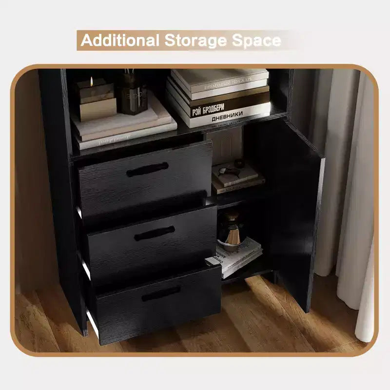Libreria Alta 180cm con Anta, 3 Cassetti e Ripiani Aperti, Armadio Contenitore in Legno a 6 Livelli per Ufficio, Soggiorno, Camera da Letto