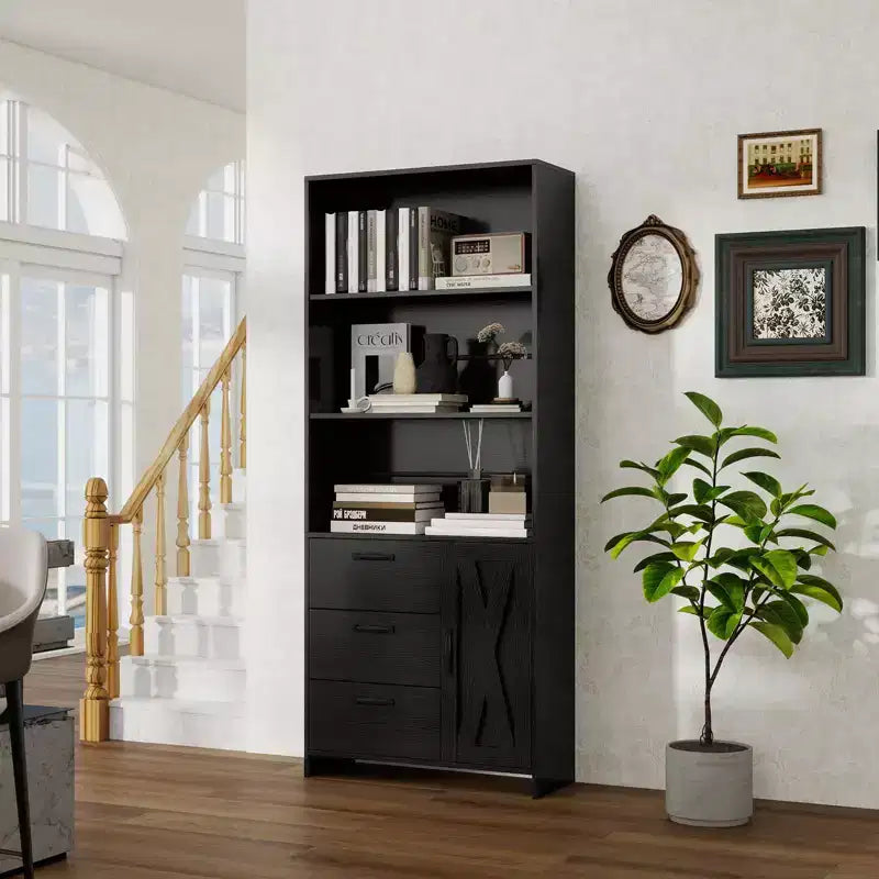 Libreria Alta 180cm con Anta, 3 Cassetti e Ripiani Aperti, Armadio Contenitore in Legno a 6 Livelli per Ufficio, Soggiorno, Camera da Letto