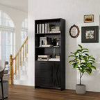 Libreria Alta 180cm con Anta, 3 Cassetti e Ripiani Aperti, Armadio Contenitore in Legno a 6 Livelli per Ufficio, Soggiorno, Camera da Letto