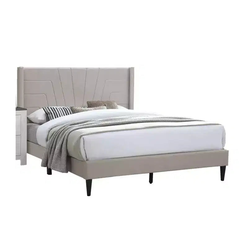 Letto matrimoniale Queen size Royal Hampton con testiera trapuntata, rivestimento in iuta marrone, legno