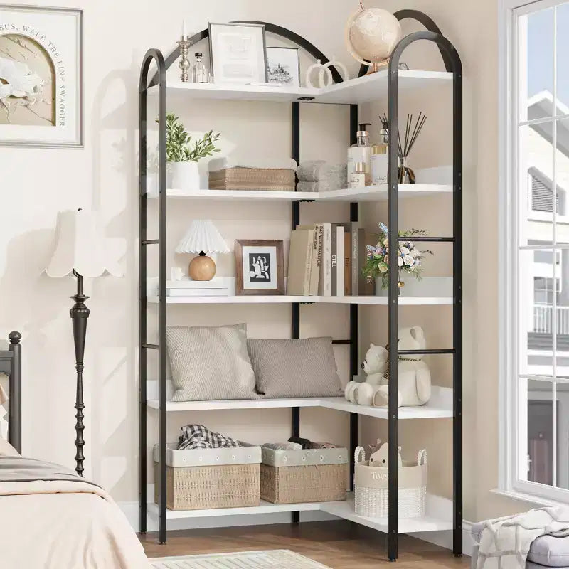 68.5Libreria Industriale in Legno con Struttura in Metallo, Libreria Angolare Reversibile a 5 Ripiani, Organizer a Giorno per Soggiorno, Camera da Letto, Ufficio