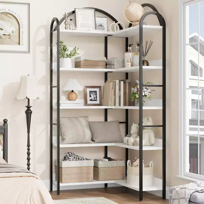 68.5Libreria Industriale in Legno con Struttura in Metallo, Libreria Angolare Reversibile a 5 Ripiani, Organizer a Giorno per Soggiorno, Camera da Letto, Ufficio
