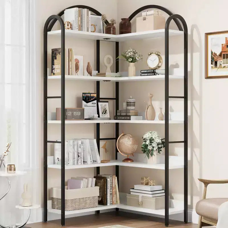 68.5Libreria Industriale in Legno con Struttura in Metallo, Libreria Angolare Reversibile a 5 Ripiani, Organizer a Giorno per Soggiorno, Camera da Letto, Ufficio