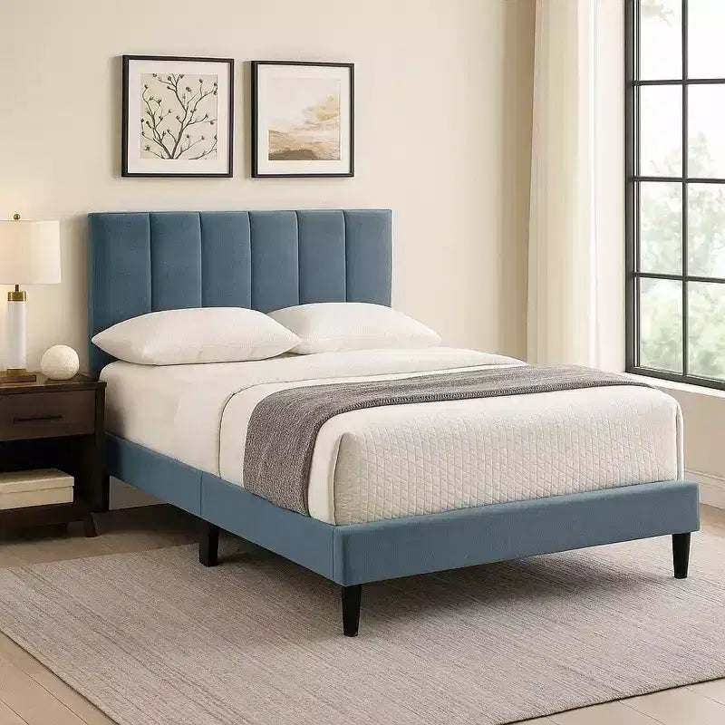 Royal Hampton Full Bed, Soft Channel Tufted Light Gray Linen Upholstery