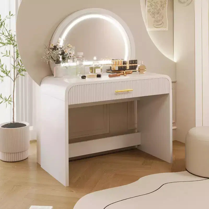 Tavolo da trucco con specchio illuminato, toeletta da camera da letto, set da trucco contemporaneo con sgabello imbottito, toletta con ampi cassetti