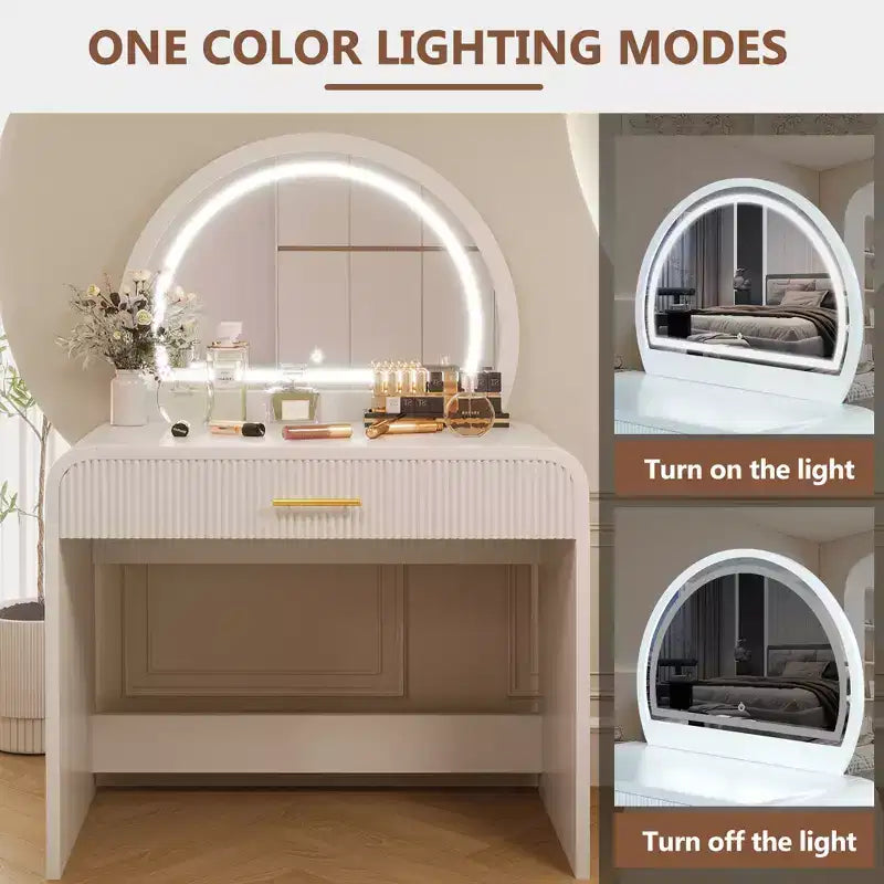 Tavolo da trucco con specchio illuminato, toeletta da camera da letto, set da trucco contemporaneo con sgabello imbottito, toletta con ampi cassetti