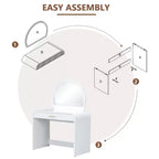 Tavolo da trucco con specchio illuminato, toeletta da camera da letto, set da trucco contemporaneo con sgabello imbottito, toletta con ampi cassetti