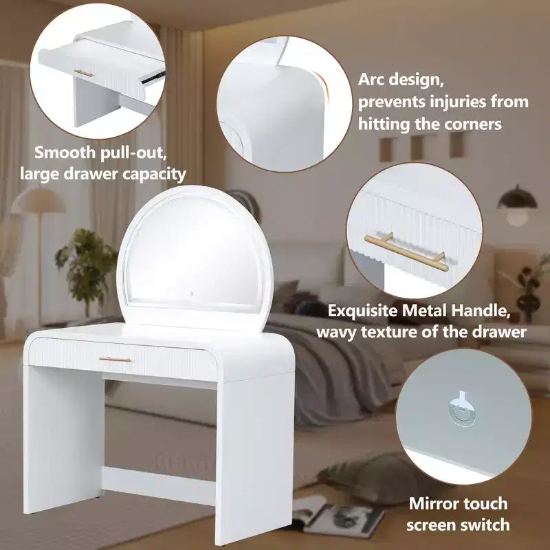 Tavolo da trucco con specchio illuminato, toeletta da camera da letto, set da trucco contemporaneo con sgabello imbottito, toletta con ampi cassetti