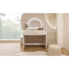 Tavolo da trucco con specchio illuminato, toeletta da camera da letto, set da trucco contemporaneo con sgabello imbottito, toletta con ampi cassetti