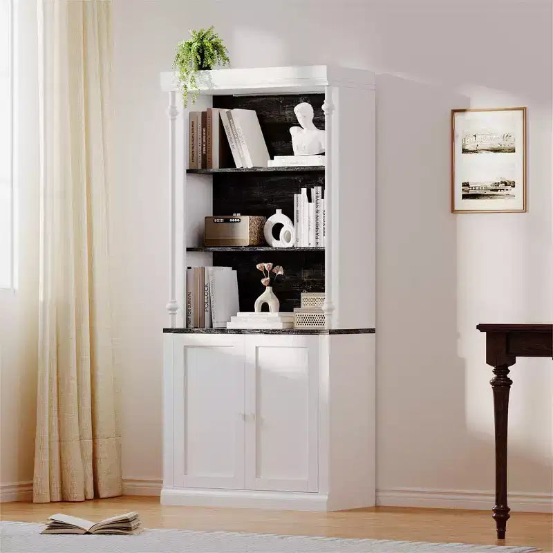 Libreria regolabile a 5 ripiani, libreria a colonna romana con luce a LED, design con ripiani aperti e armadietto, libreria espositiva con venature del legno per ufficio domestico