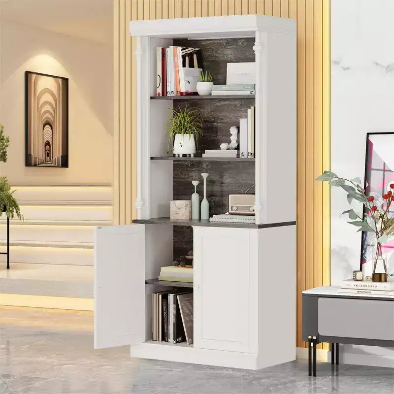 Libreria regolabile a 5 ripiani, libreria a colonna romana con luce a LED, design con ripiani aperti e armadietto, libreria espositiva con venature del legno per ufficio domestico