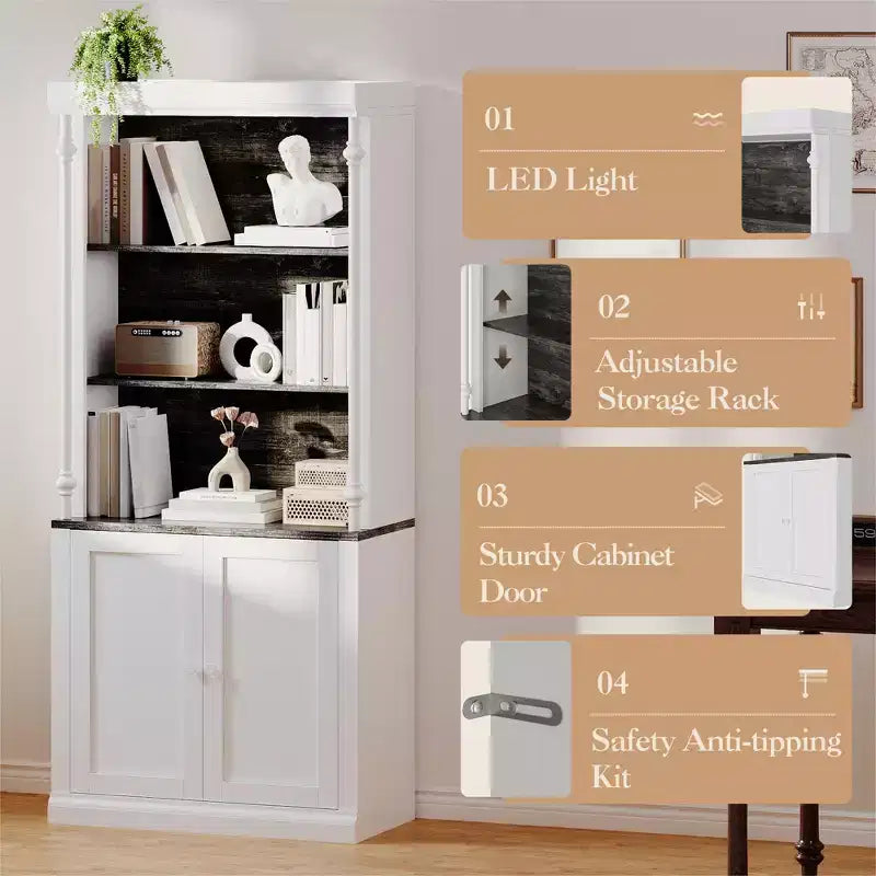 Libreria regolabile a 5 ripiani, libreria a colonna romana con luce a LED, design con ripiani aperti e armadietto, libreria espositiva con venature del legno per ufficio domestico