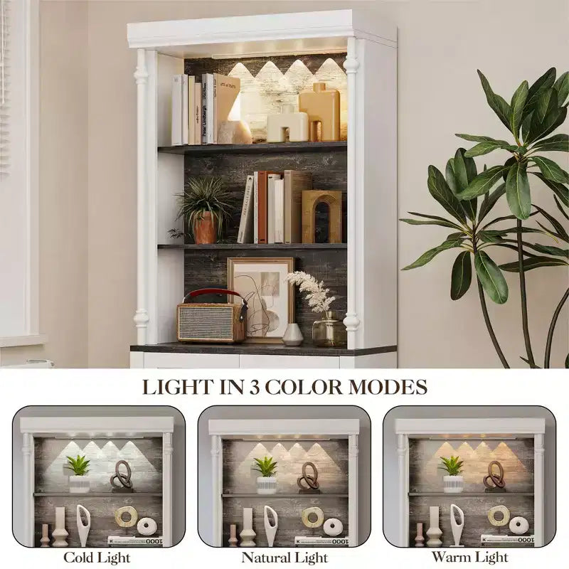 Libreria regolabile a 5 ripiani, libreria a colonna romana con luce a LED, design con ripiani aperti e armadietto, libreria espositiva con venature del legno per ufficio domestico