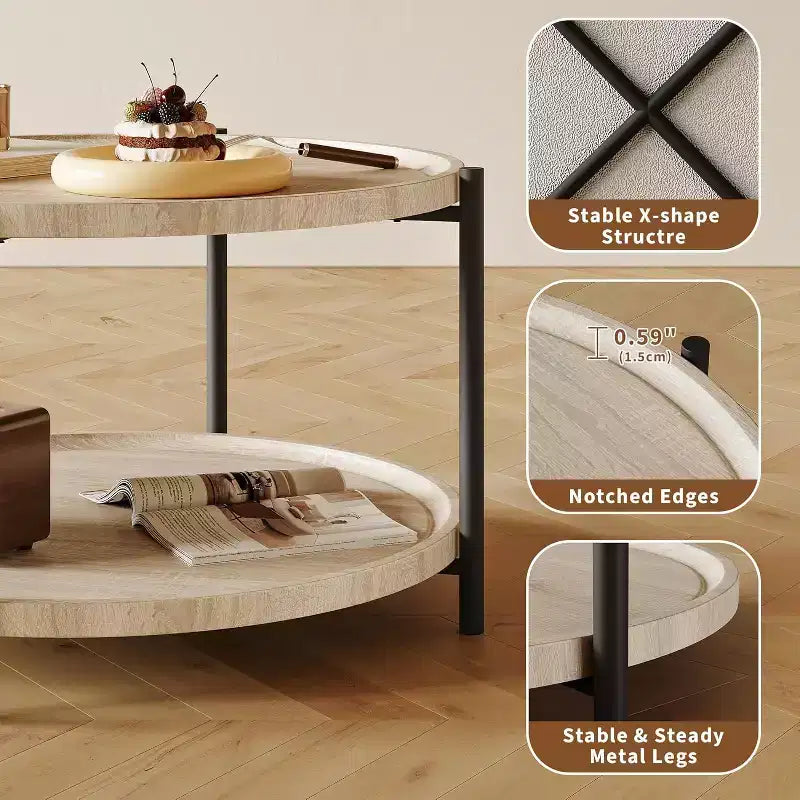 Tavolino da caffè rotondo in legno stile Boho, 29.3 pollici, da fattoria, naturale, circolare, a 2 ripiani, per soggiorno, 29.3 P x 17.7 A