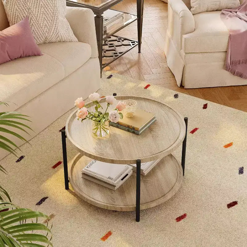 Tavolino da caffè rotondo in legno stile Boho, 29.3 pollici, da fattoria, naturale, circolare, a 2 ripiani, per soggiorno, 29.3 P x 17.7 A
