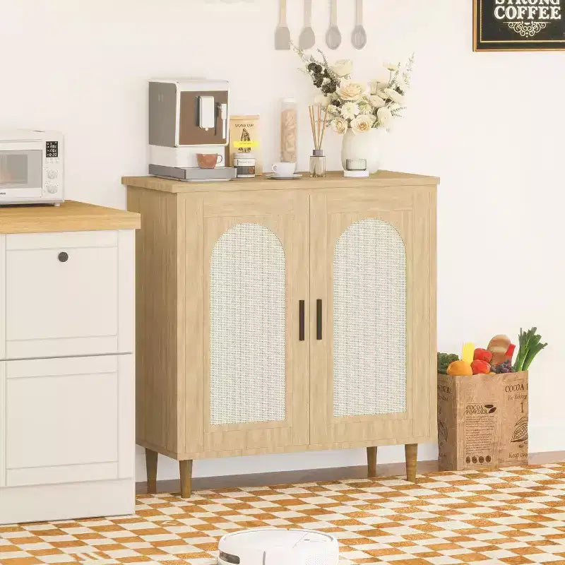 Credenza da Buffet per Cucina con Rattan, Mobile Contenitore con Ampio Spazio