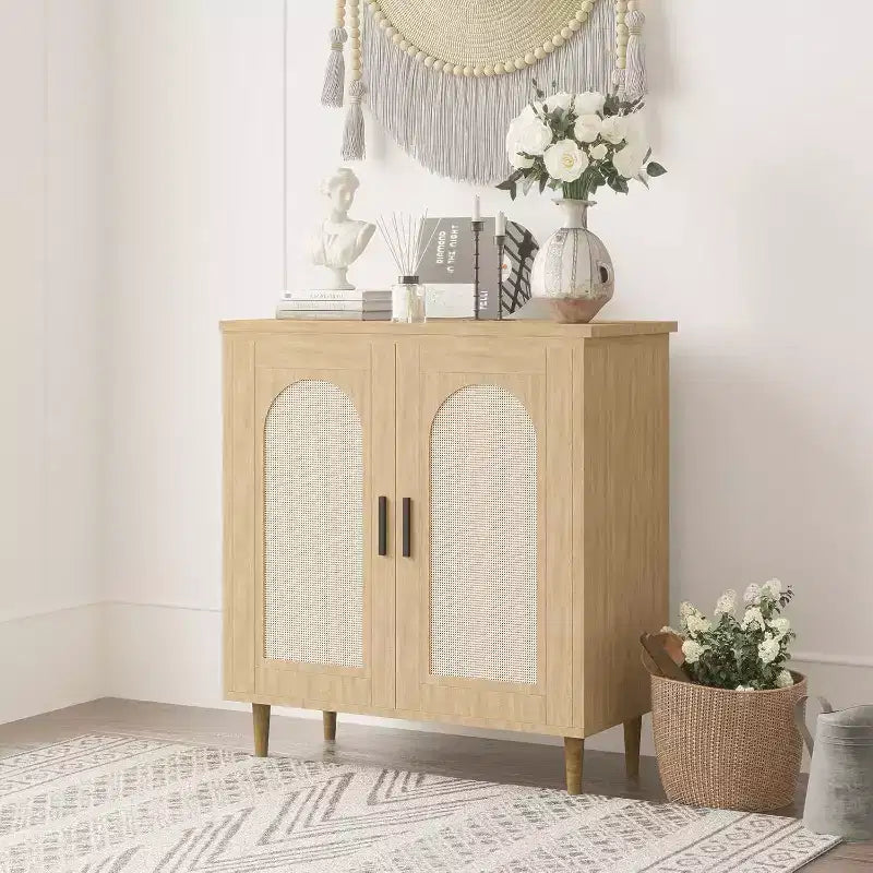 Credenza da Buffet per Cucina con Rattan, Mobile Contenitore con Ampio Spazio