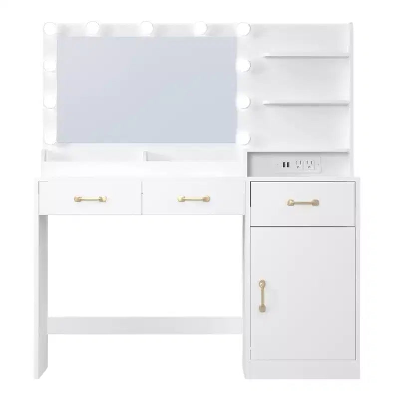 COZONY Toeletta con specchio LED e presa di corrente, Tavolo da trucco con 3 cassetti e ripiani portaoggetti per camera da letto e camerino, Bianco