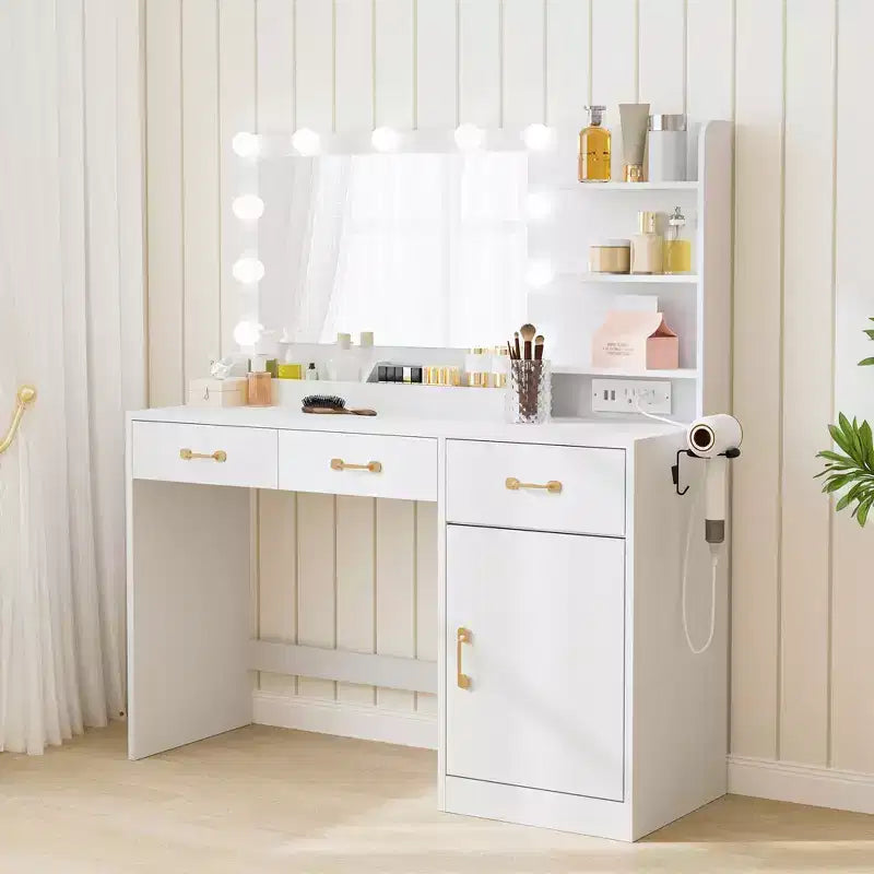 COZONY Toeletta con specchio LED e presa di corrente, Tavolo da trucco con 3 cassetti e ripiani portaoggetti per camera da letto e camerino, Bianco