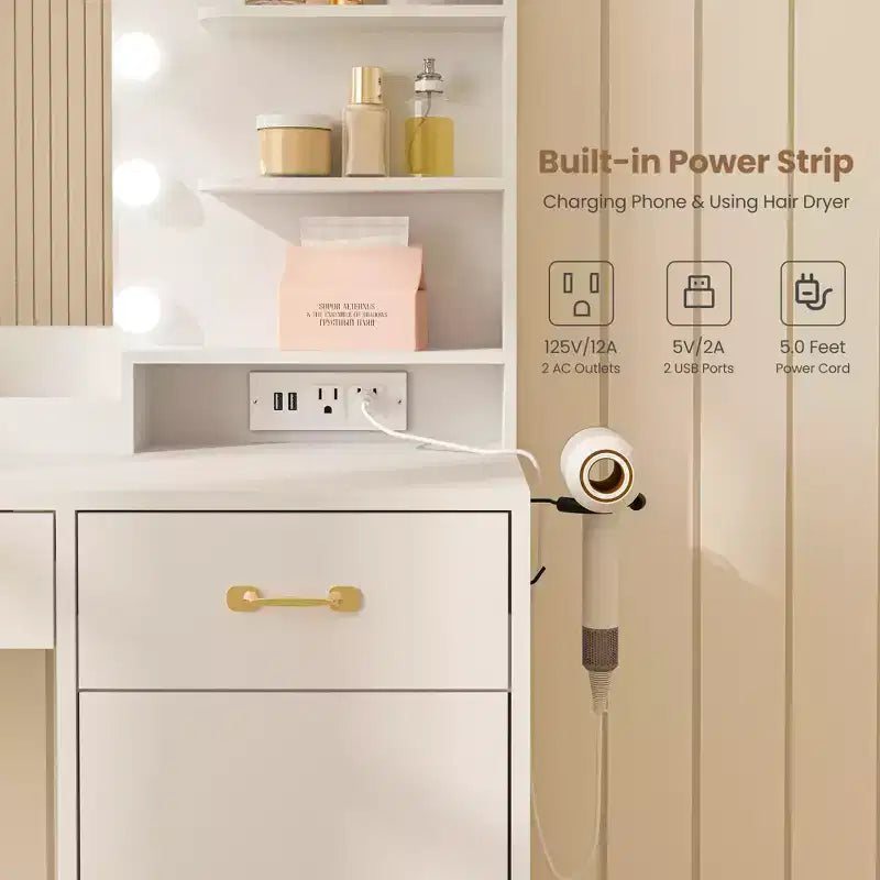 COZONY Toeletta con specchio LED e presa di corrente, Tavolo da trucco con 3 cassetti e ripiani portaoggetti per camera da letto e camerino, Bianco