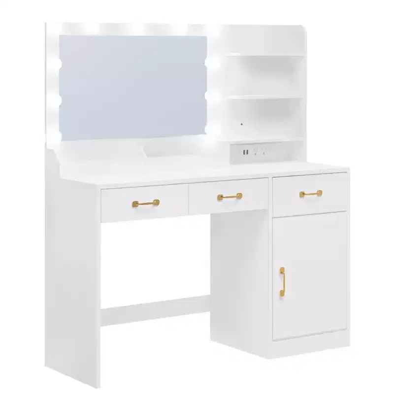 COZONY Toeletta con specchio LED e presa di corrente, Tavolo da trucco con 3 cassetti e ripiani portaoggetti per camera da letto e camerino, Bianco