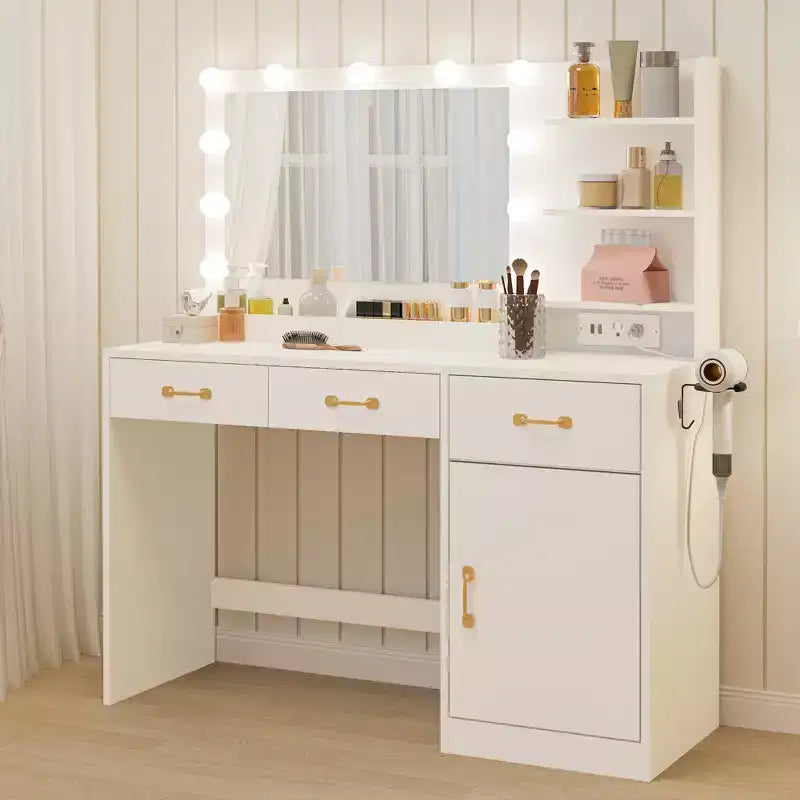 COZONY Toeletta con specchio LED e presa di corrente, Tavolo da trucco con 3 cassetti e ripiani portaoggetti per camera da letto e camerino, Bianco