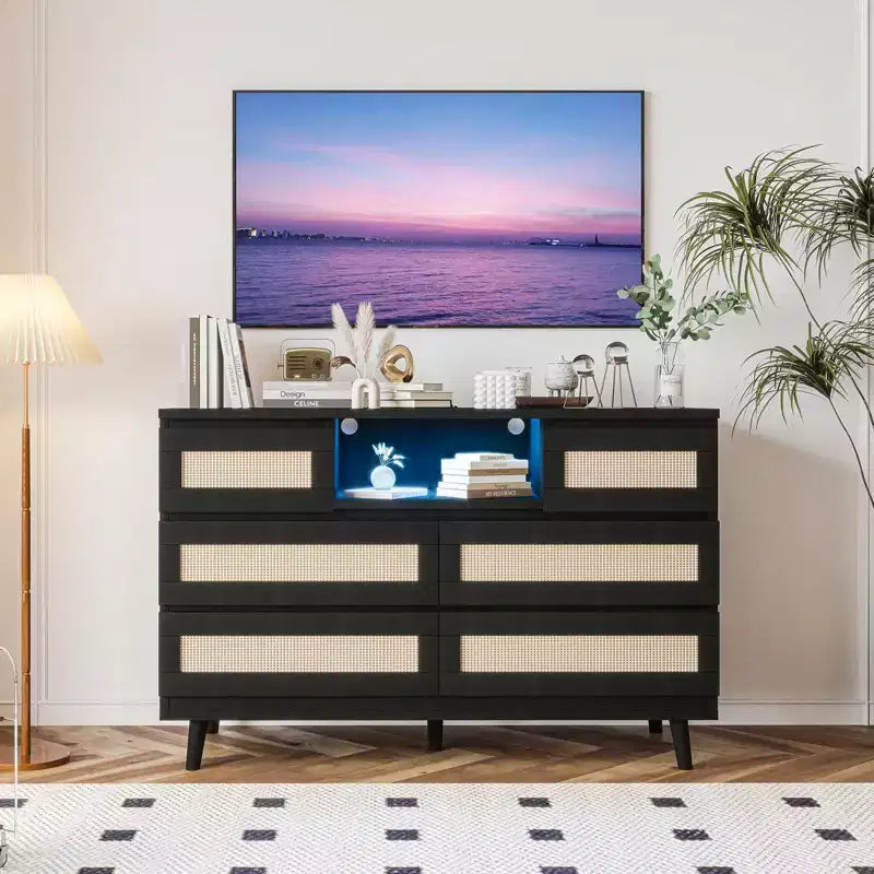 Comò durevoli in legno naturale, comò in rattan con 6 cassetti, porta TV, cassettiera a 6 cassetti, mobile contenitore per asilo nido, ingresso, camera da letto, corridoio