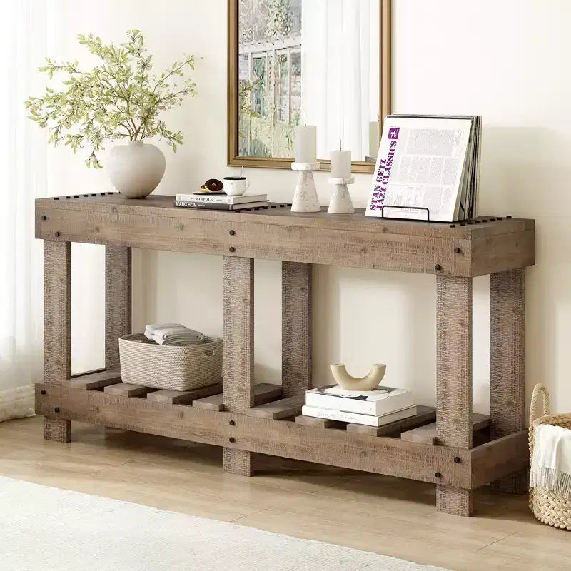 Consolle rustica con contenitore, tavolo da ingresso in legno massello di abete, tavolo vintage da corridoio con ripiano e gambe rinforzate