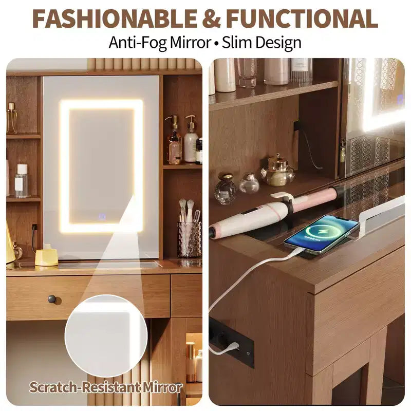 Grande toeletta con specchio scorrevole e luci a tre colori, dotata di cassetti, ripiani, armadietti e porte, realizzata in MDF, facile da montare